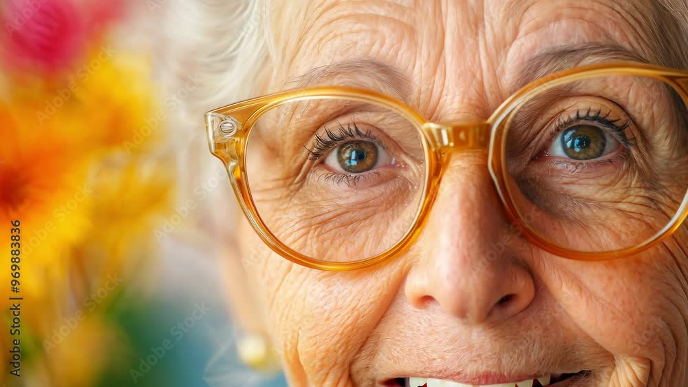 Smiling Elderly Woman with Glasses and Yellow Pink Flowers in Background Smiling Elderly Woman with Glasses and Yellow Pink Flowers in Background