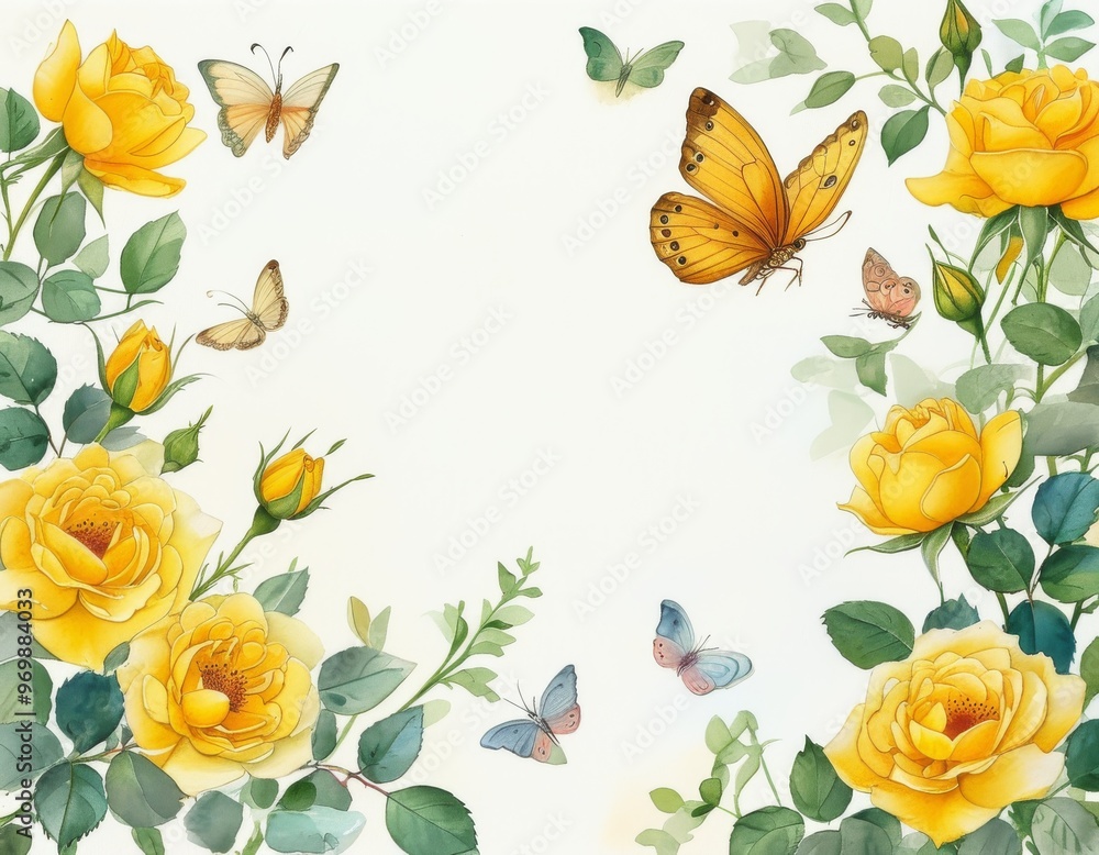 Yellow roses and delicate butterflies watercolor Yellow roses and delicate butterflies watercolor