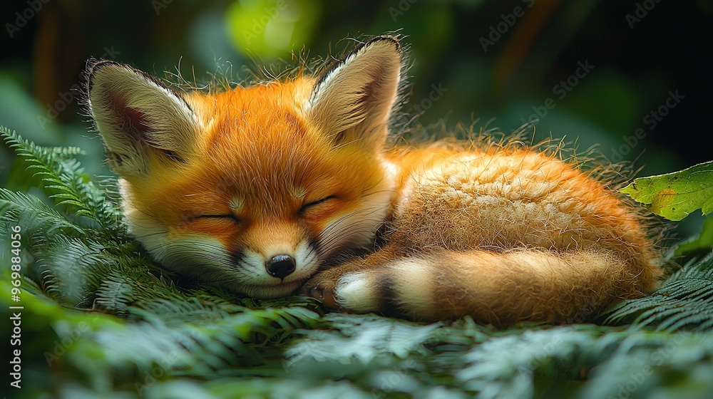 Obraz premium A clear photo of a fox cub resting atop a verdant green field, with eyes shut tightly