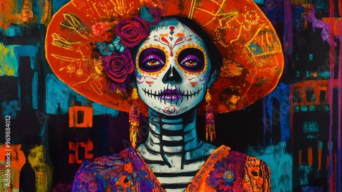 A Painted Portrait of a Woman with Day of the Dead Makeup