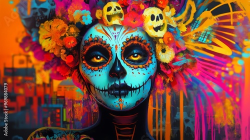 Colorful Portrait of a Woman with Skull Makeup and Floral Headband