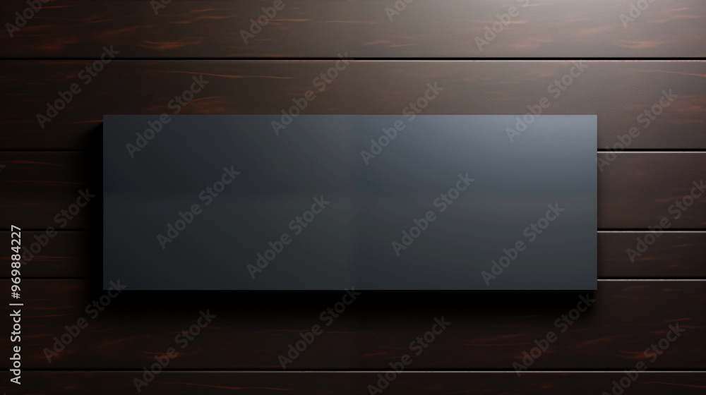 A black square is on a wooden background. There is space for text. A black square is on a wooden background. There is space for text.