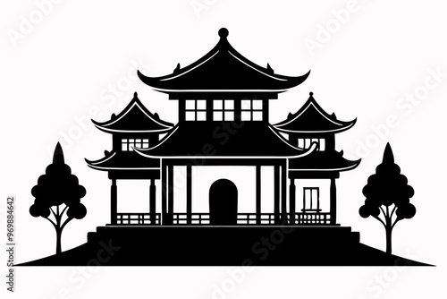 Chinese house black silhouette vector illustration on a white background.