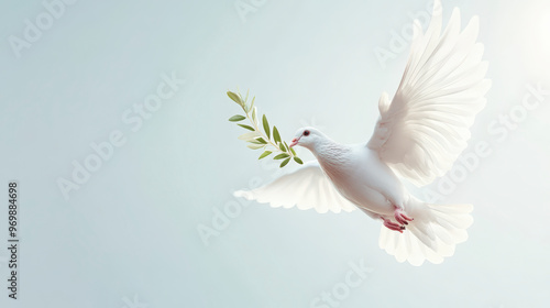 A white dove with outstretched wings gracefully carries an olive branch, symbolizing peace and hope against a serene light blue background.