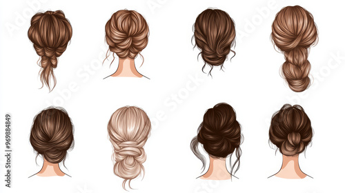 Depict different hairstyles that convey various emotions or moods. Show hair being styled in ways that reflect personality, from elegant updos to casual waves. photo