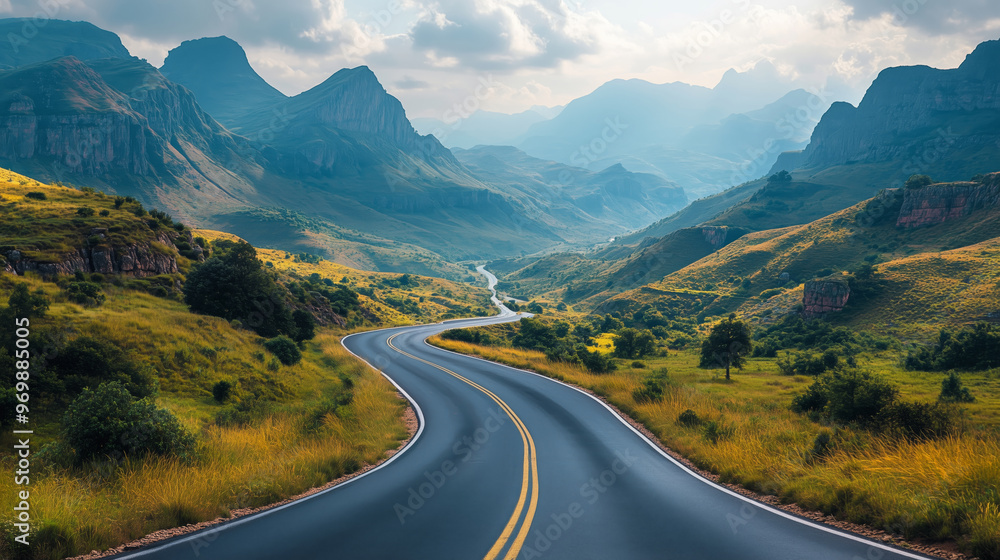Fototapeta premium Winding road through scenic mountain valley with lush greenery and towering peaks. Beautiful landscape with rolling hills and open skies. Travel and adventure concept. 