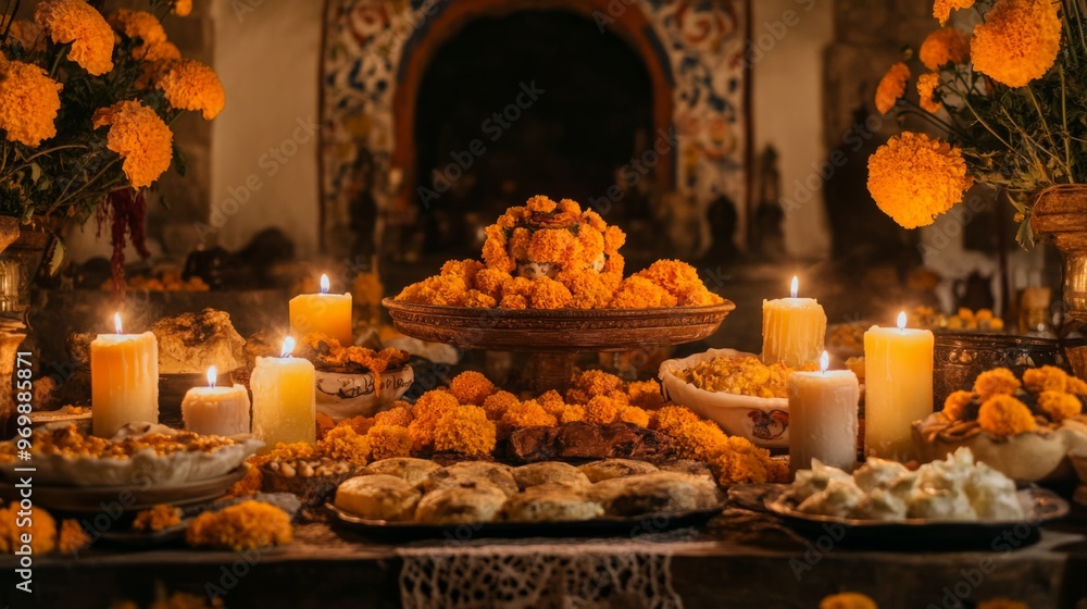 Day of the Dead Altar with Marigolds, Candles, and Offerings Day of the Dead Altar with Marigolds, Candles, and Offerings