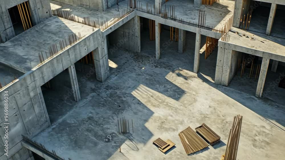 Construction site progress showing concrete foundations and rebar in urban development during daytime
