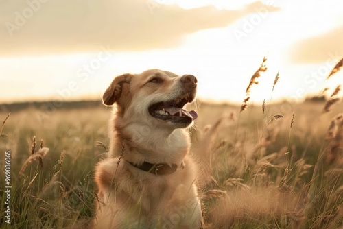 Street dog in the park on green grass on a summer day. Close-up portrait of a dog. Homeless animals. Beautiful simple AI generated image