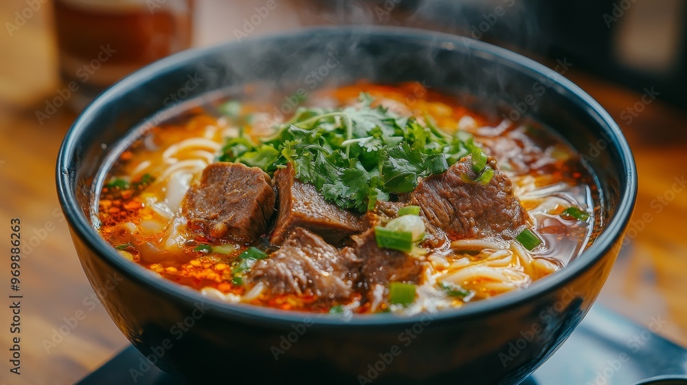 A steaming bowl of Bun Bo Hue, a Vietnamese noodle soup with a rich, spicy broth, tender beef, and rice noodles. The broth is flavored with lemongrass, chilies, and fish sauce, and topped with fresh h A steaming bowl of Bun Bo Hue, a Vietnamese noodle soup with a rich, spicy broth, tender beef, and rice noodles. The broth is flavored with lemongrass, chilies, and fish sauce, and topped with fresh h