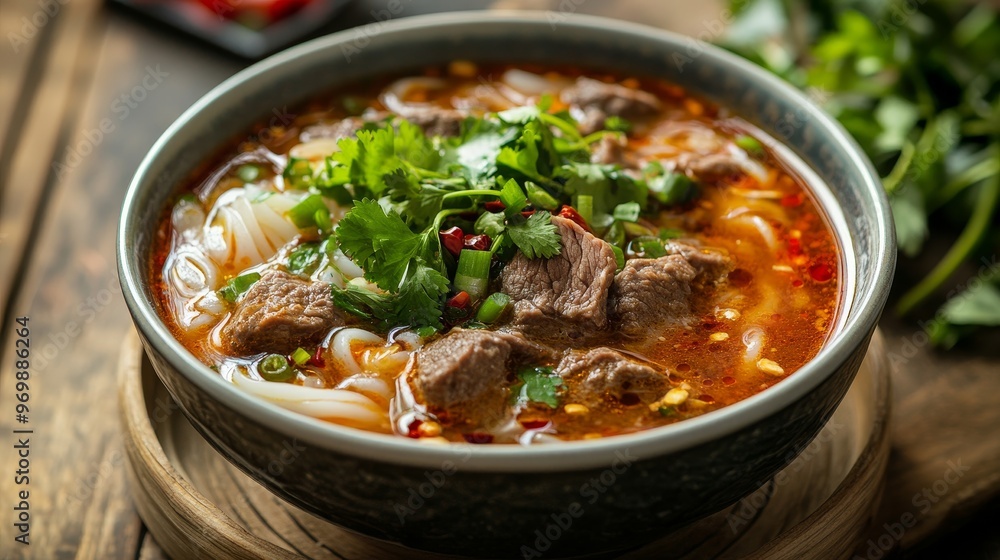 A steaming bowl of Bun Bo Hue, a Vietnamese noodle soup with spicy beef broth, rice noodles, lemongrass, and fresh herbs. The soup is topped with tender beef slices, cilantro, and a sprinkle of chili A steaming bowl of Bun Bo Hue, a Vietnamese noodle soup with spicy beef broth, rice noodles, lemongrass, and fresh herbs. The soup is topped with tender beef slices, cilantro, and a sprinkle of chili