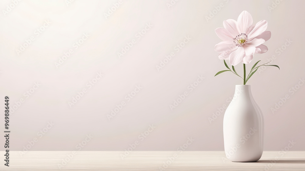 A single delicate pink flower in a sleek white vase graces a minimalist setting with subtle elegance and simplicity. A single delicate pink flower in a sleek white vase graces a minimalist setting with subtle elegance and simplicity.