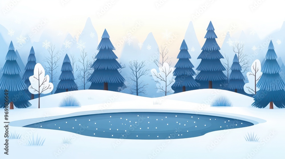 Illustration of a serene winter forest with snow-covered trees and a frozen pond, creating a calm and peaceful atmosphere. Illustration of a serene winter forest with snow-covered trees and a frozen pond, creating a calm and peaceful atmosphere.