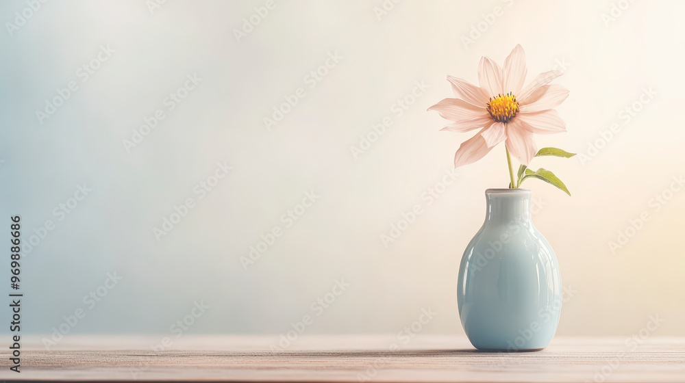 A single, delicate flower in full bloom stands gracefully in a small, light blue vase on a simple wooden surface against a soft, gradient background. A single, delicate flower in full bloom stands gracefully in a small, light blue vase on a simple wooden surface against a soft, gradient background.