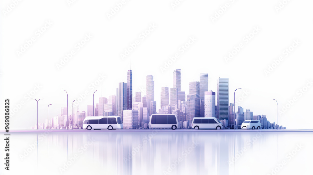 Obraz premium A futuristic cityscape with modern buildings and sleek self-driving buses and cars on the street, depicted in a minimalist and sleek design.
