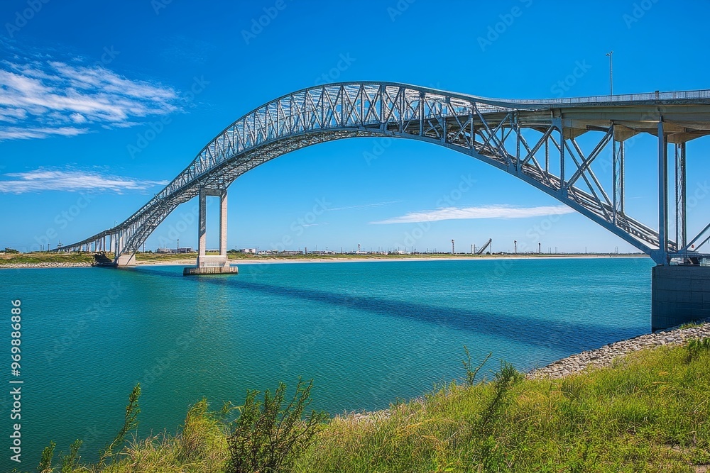A stunning view of the Harbor Bridge in Corpus Christi, Texas, showcasing its impressive arch and steel structure against a clear blue sky and turquoise water. The bridge symbolizes connection, progre A stunning view of the Harbor Bridge in Corpus Christi, Texas, showcasing its impressive arch and steel structure against a clear blue sky and turquoise water. The bridge symbolizes connection, progre