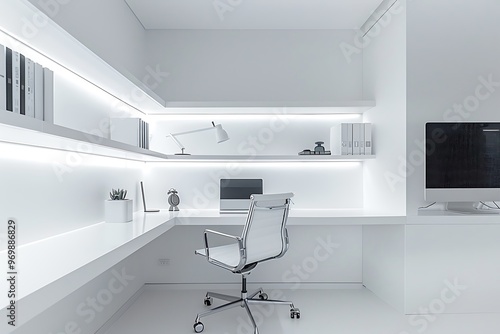 Wallpaper Mural Minimalist home office with a simple white desk, ergonomic chair, and wall-mounted shelves. Soft lighting and natural light for a clean workspace. Torontodigital.ca