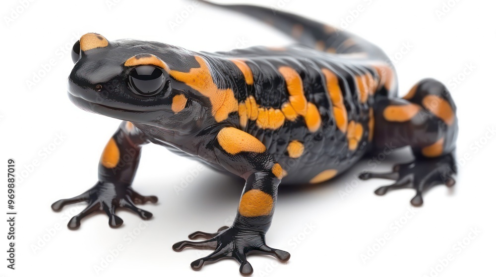 Fototapeta premium A close-up of a fire salamander with black and yellow markings on a white background.