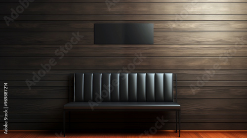 A black bench sits in front of a wooden wall. There is space for text.