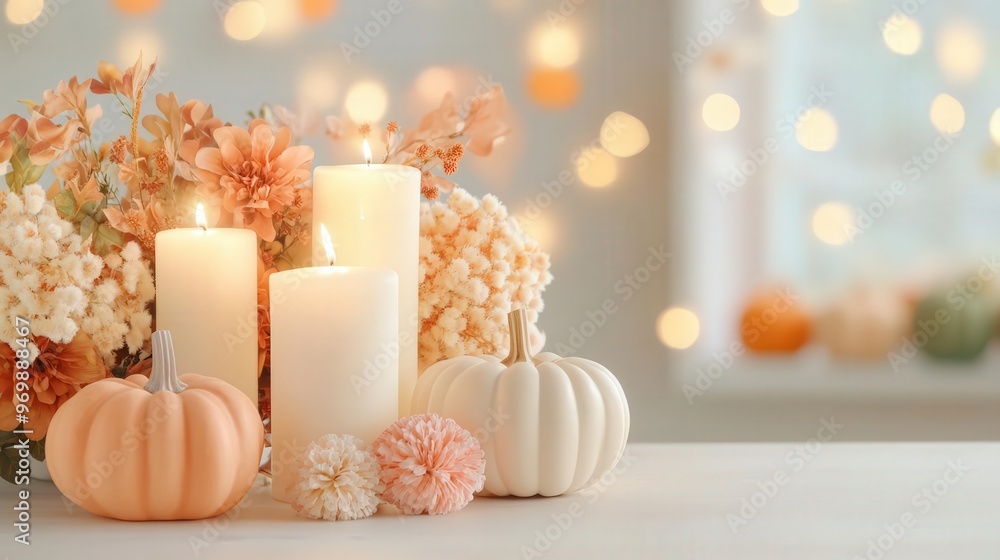 8K artistic Thanksgiving table setup, vibrant fall-themed centerpiece with candles and pumpkins, modern farmhouse style, pastel tones, open space for text 8K artistic Thanksgiving table setup, vibrant fall-themed centerpiece with candles and pumpkins, modern farmhouse style, pastel tones, open space for text