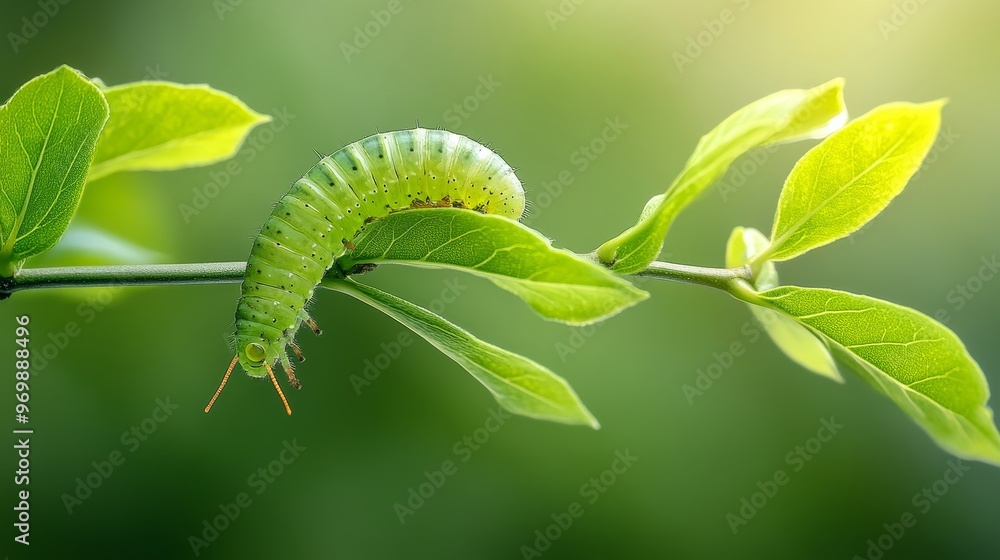A vibrant green caterpillar crawls along a slender branch, its segmented body and tiny legs visible. The caterpillar blends seamlessly with the surrounding foliage, showcasing the beauty of nature's c