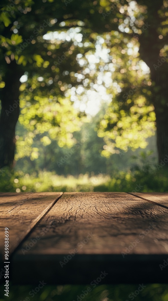 wooden table surface in sunlit forest, tranquil wooden table surface in sunlit forest, tranquil