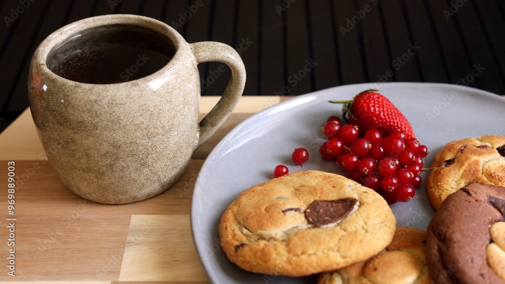 Sleek grey plate of biscuits and cup of tea make for perfect eco-luxury breakfast. Paired with fresh berries, this elegant setup is both stylish and sustainable, offering refined start to your day. Sleek grey plate of biscuits and cup of tea make for perfect eco-luxury breakfast. Paired with fresh berries, this elegant setup is both stylish and sustainable, offering refined start to your day.
