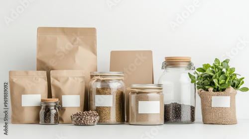 A neatly organized set of labeled glass jars and paper bags filled with various dry foods and spices, alongside a small potted plant. photo