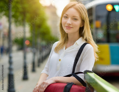 Kobieta na przystanku czeka na tramwaj autobus photo