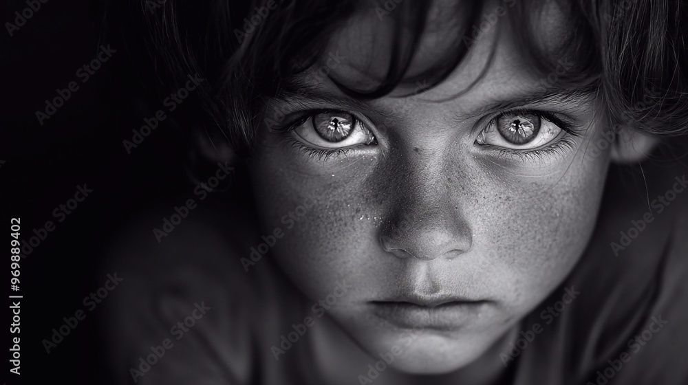 Fototapeta premium child looking into the camera, cinematographic experience, documentary photography, black and white, realistic