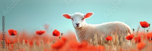 A white lamb stands in a field of red poppies, its innocence and purity contrasting with the vibrant flowers. The image symbolizes nature, springtime, new beginnings, peace, and hope.