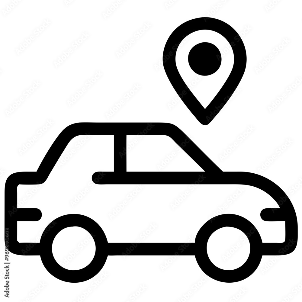 Outline illustration of a car with a location pin for travel and navigation Outline illustration of a car with a location pin for travel and navigation