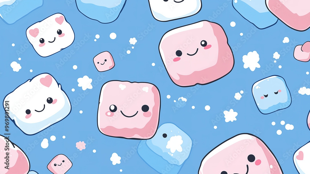 Fototapeta premium Delightful marshmallows featuring cute kawaii character designs in a colorful cartoon vector illustration, designed in a seamless pattern. Perfect for playful textiles, blue background