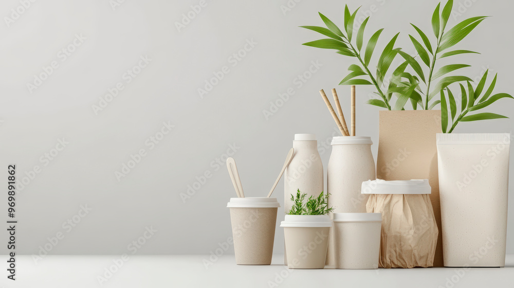Eco-friendly packaging and containers arranged neatly, accompanied by green plants, symbolizing sustainability and environmental consciousness in packaging choices. Eco-friendly packaging and containers arranged neatly, accompanied by green plants, symbolizing sustainability and environmental consciousness in packaging choices.