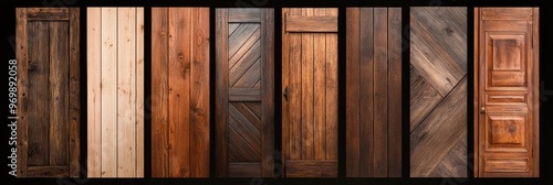 This image showcases a collection of eight unique rustic wooden doors, each with distinct grain patterns and styles. The doors are isolated on a white background, making them perfect for design inspir photo