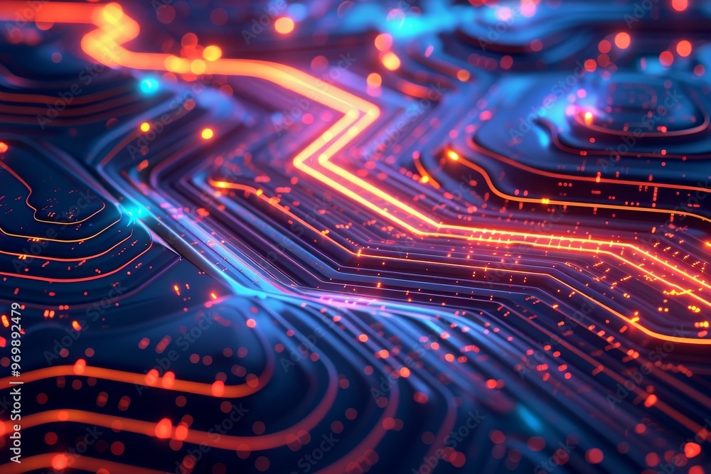 Fototapeta premium A vibrant abstract representation of a circuit board with glowing lines and data points, showcasing modern technology and innovation.