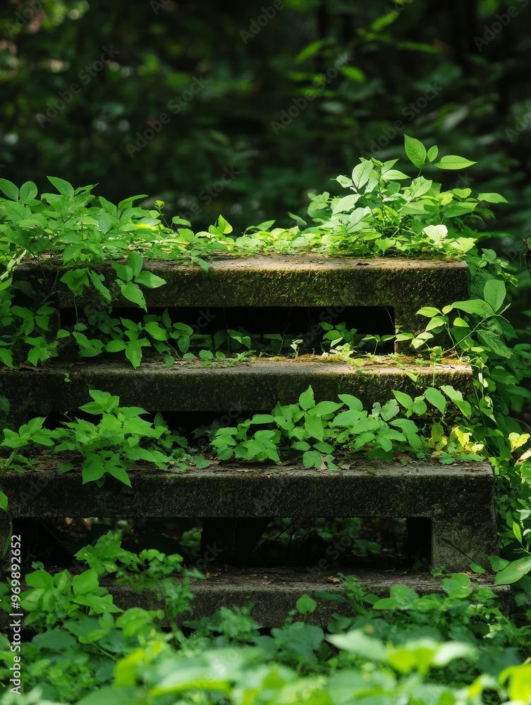 Two concrete ladders, partially obscured by vibrant green foliage, evoke a sense of tranquility and forgotten pathways. The lush greenery symbolizes growth, resilience, and nature's reclaiming of man- Two concrete ladders, partially obscured by vibrant green foliage, evoke a sense of tranquility and forgotten pathways. The lush greenery symbolizes growth, resilience, and nature's reclaiming of man-