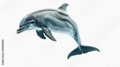 A dolphin leaps out of the water with its mouth open, showing its teeth, against a white background.