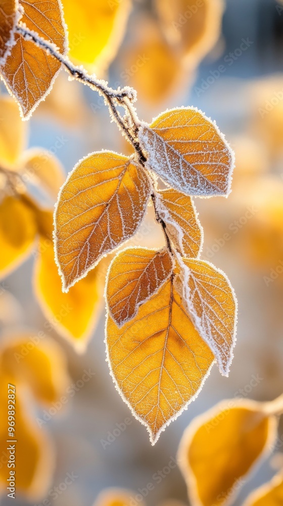 Frost-covered golden leaves in autumn sunlight Frost-covered golden leaves in autumn sunlight