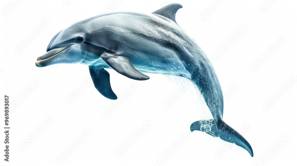 Obraz premium A dolphin leaps out of the water with its tail fin extended, isolated on a white background.