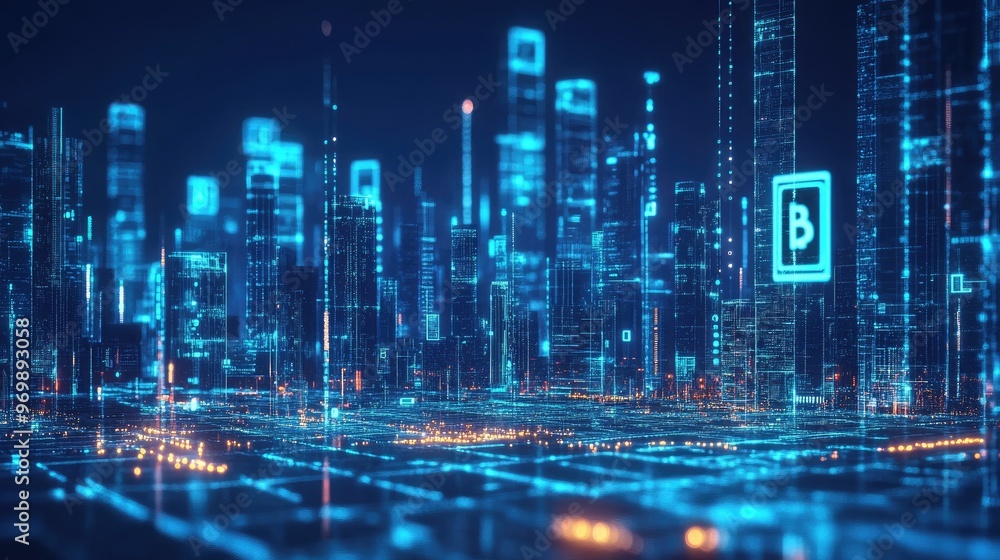 Digital Cityscape with Bitcoin Symbol. Digital Cityscape with Bitcoin Symbol.