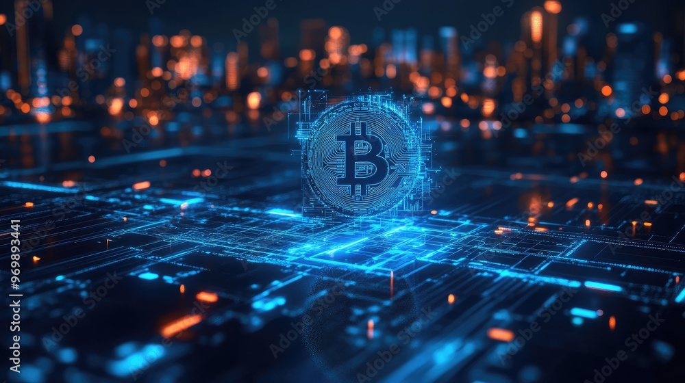 Bitcoin Symbol on Circuit Board Background. Bitcoin Symbol on Circuit Board Background.