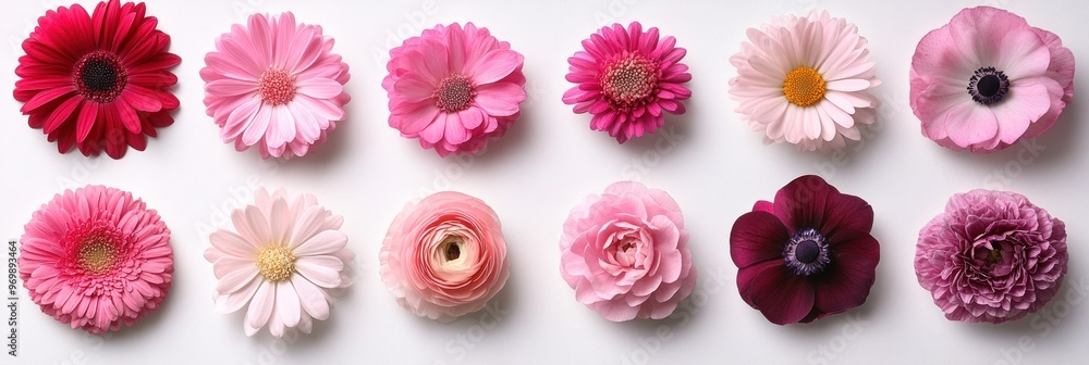 Fototapeta premium A Row of Various Pink and Red Flowers on a White Background