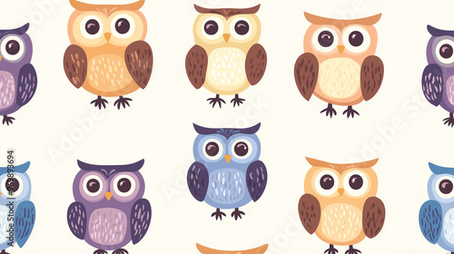 Charming owls featuring cute kawaii character designs in a delightful cartoon vector illustration, arranged in a seamless pattern. Ideal for playful textiles, children's products photo