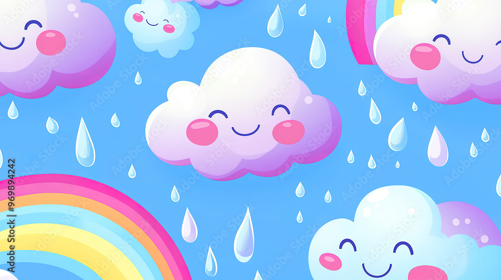Cheerful clouds with smiling faces floating among colorful rainbows and tiny raindrops in a kawaii character cartoon vector illustration, arranged in a seamless pattern