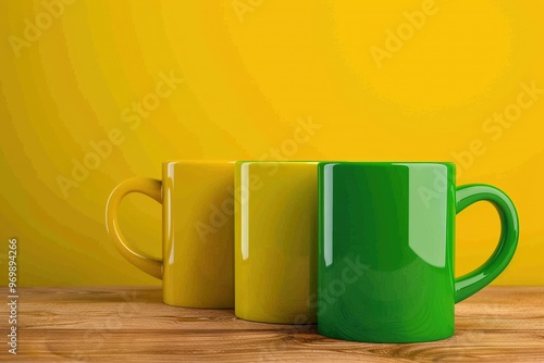 Vibrant Colored Coffee Mugs in Isolated White Background - Hot Drink, Red, Yellow and Green Coffee. Beautiful simple AI generated image photo