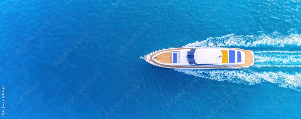A boat is sailing in the ocean with a blue sky in the background. The boat is moving fast and leaving a wake behind it A boat is sailing in the ocean with a blue sky in the background. The boat is moving fast and leaving a wake behind it