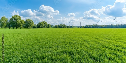 in the springtime, a sunny day in farmland with fields in the foreground and wind turbines in the distance, covered with sporadic clouds