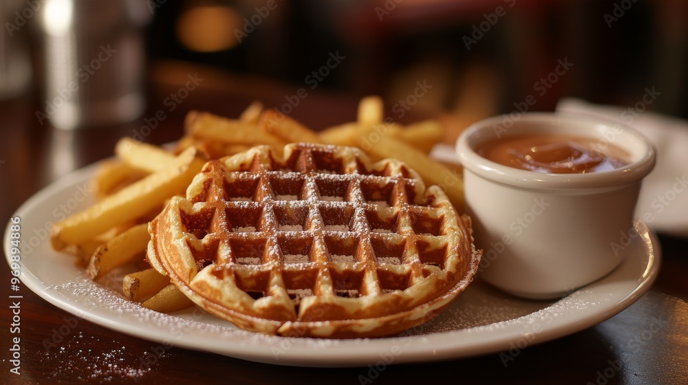 A Close-Up of a Waffle with Powdered Sugar, Served with French Fries and a Side of Sauce, waffle , dessert, food A Close-Up of a Waffle with Powdered Sugar, Served with French Fries and a Side of Sauce, waffle , dessert, food