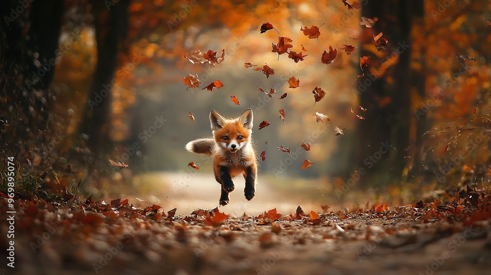 Fototapeta premium Red fox dashing through leaf-strewn woods, landing on hands as paws